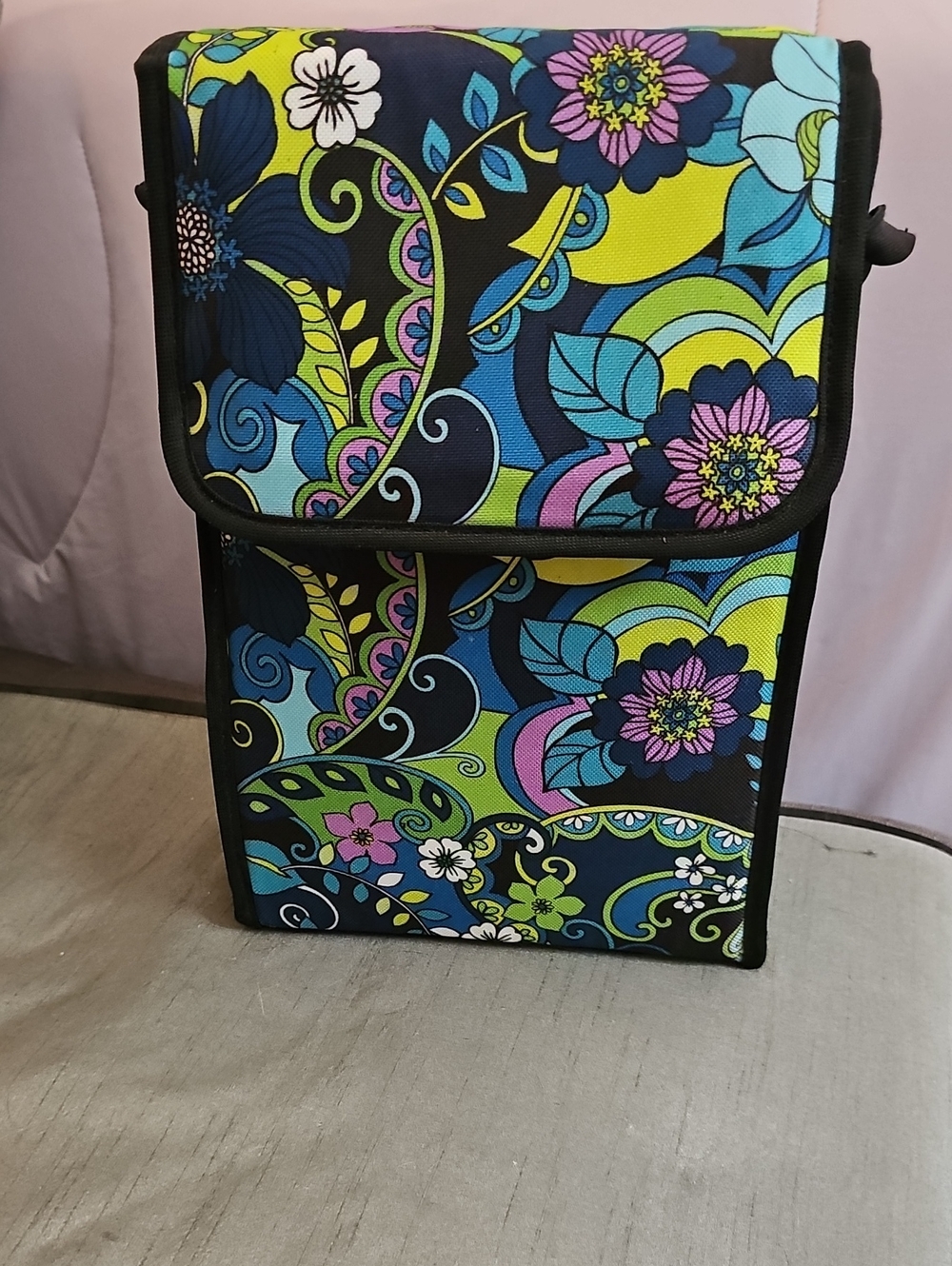 Insulated Wine/ Lunch Floral Multi-Color Travel Tote Bag - Black Trim